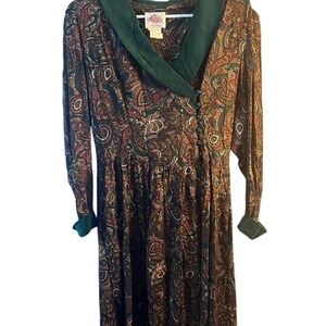 Lanz Originals Vintage Paisley‎ Rayon Dress Green Velvet Collar Size 12